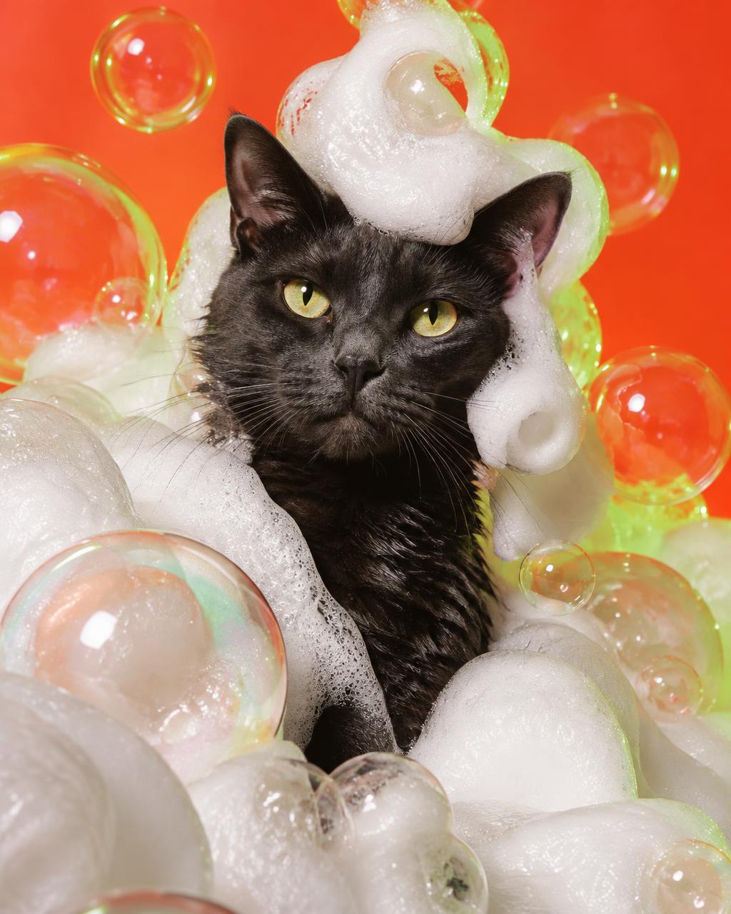 Black cat surrounded by sculpted shampoo foam