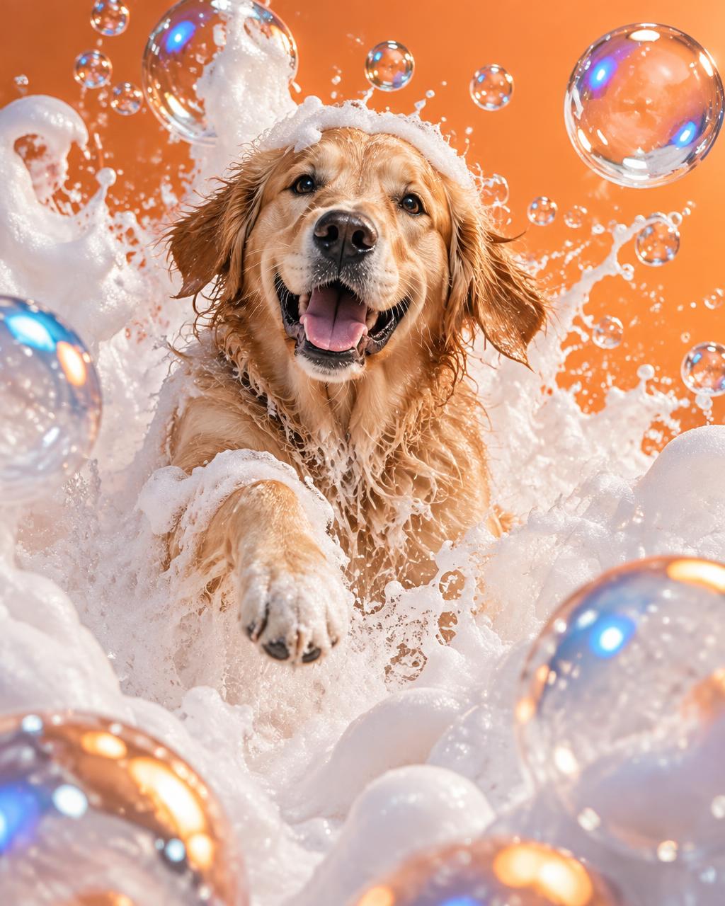 Golden retriever bursting through shampoo foam and bubbles